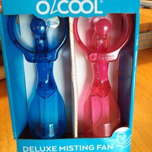 Box of Two O2COOL Deluxe Handheld Battery Powered Water Misting Fan Blue & Pink